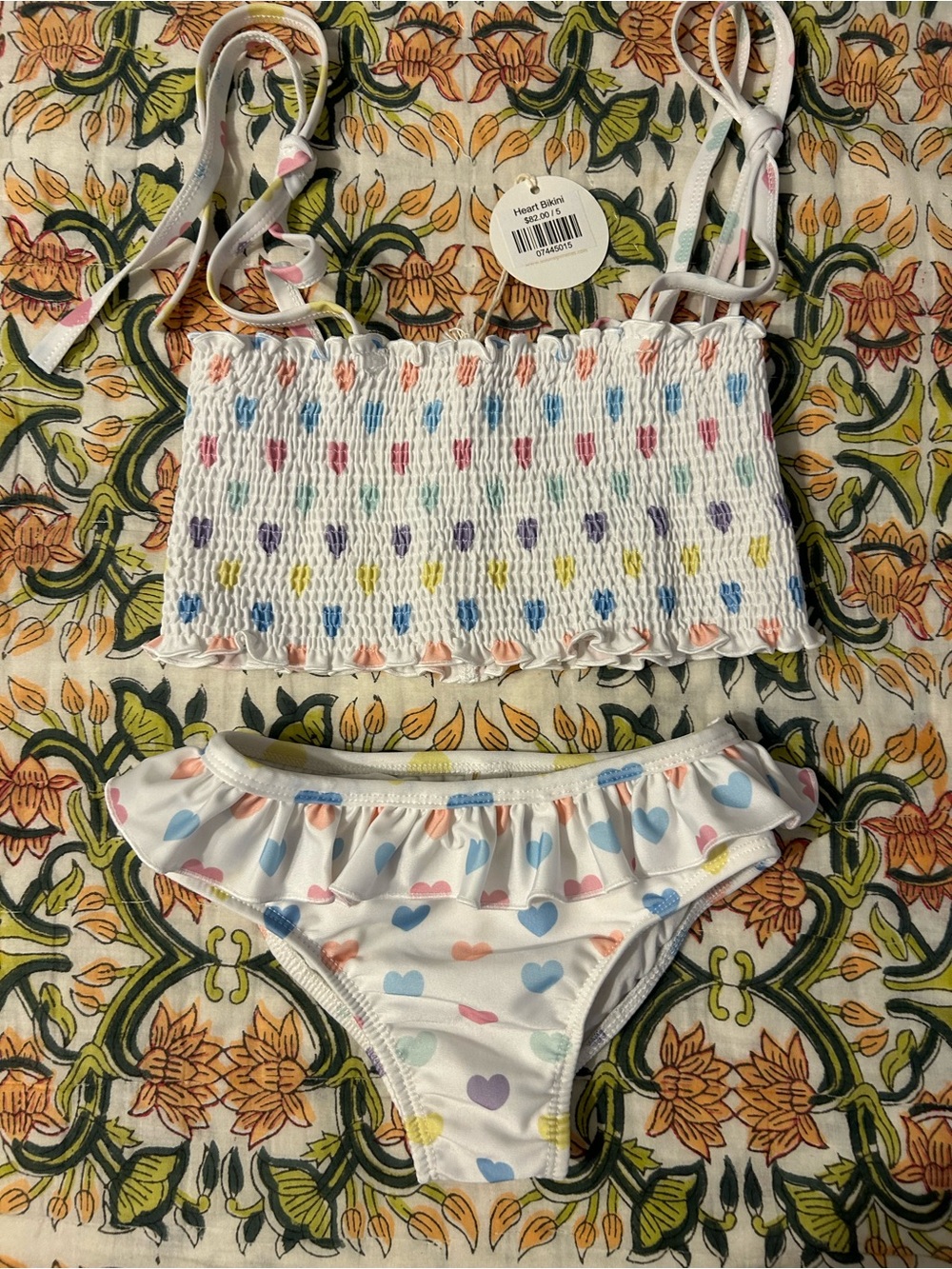 Kids Heart-Print Smocked Bikini Set - White with Multicolor Hearts